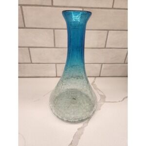 Vtg. Crackle Glass Vase Ombré Blue Aqua Clear Tones Handblown Mid Century Modern